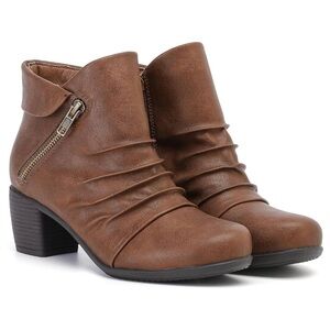 RUIEE Cognac Brown Faux Leather Ankle Boots Chunky Heel Round Toe Size 8